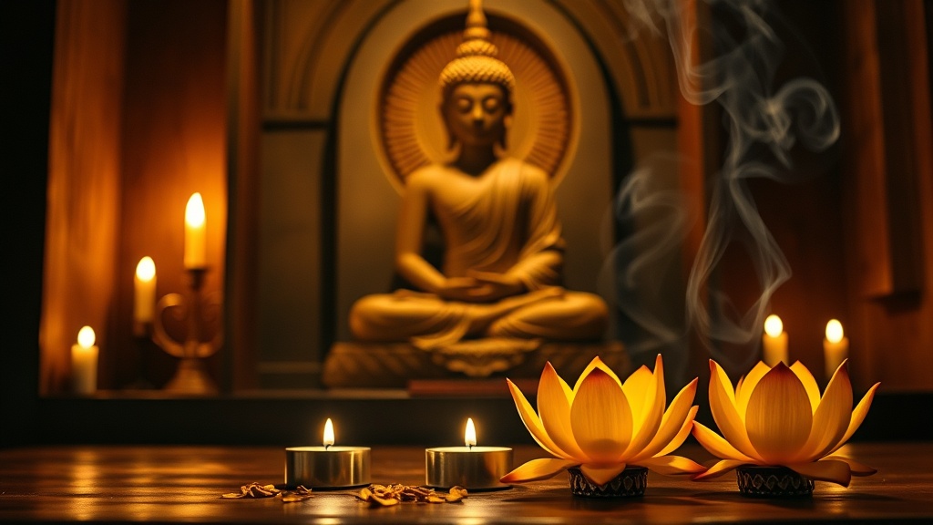 Offrandes de fleurs de lotus et bougies devant une statue de Bouddha en pierre dans une niche de temple bouddhiste