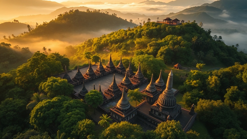 Vue aérienne des temples de Mrauk U entourés de collines verdoyantes, région de Rakhine au Myanmar