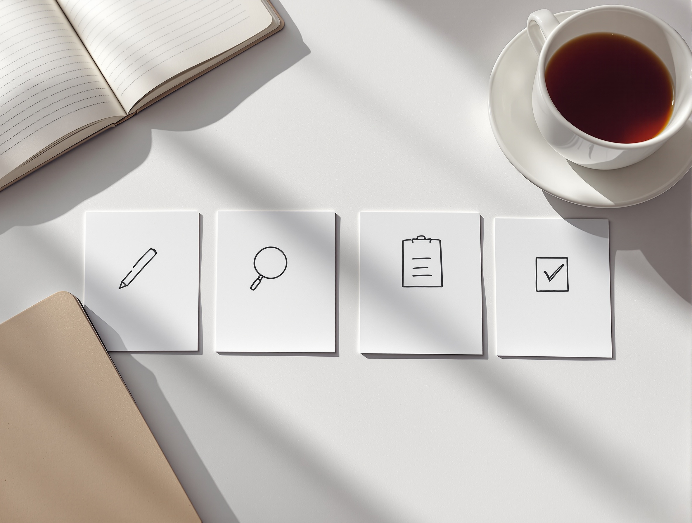 Four-step workflow metaphor using index cards for writer, critic, verifier, and editor roles