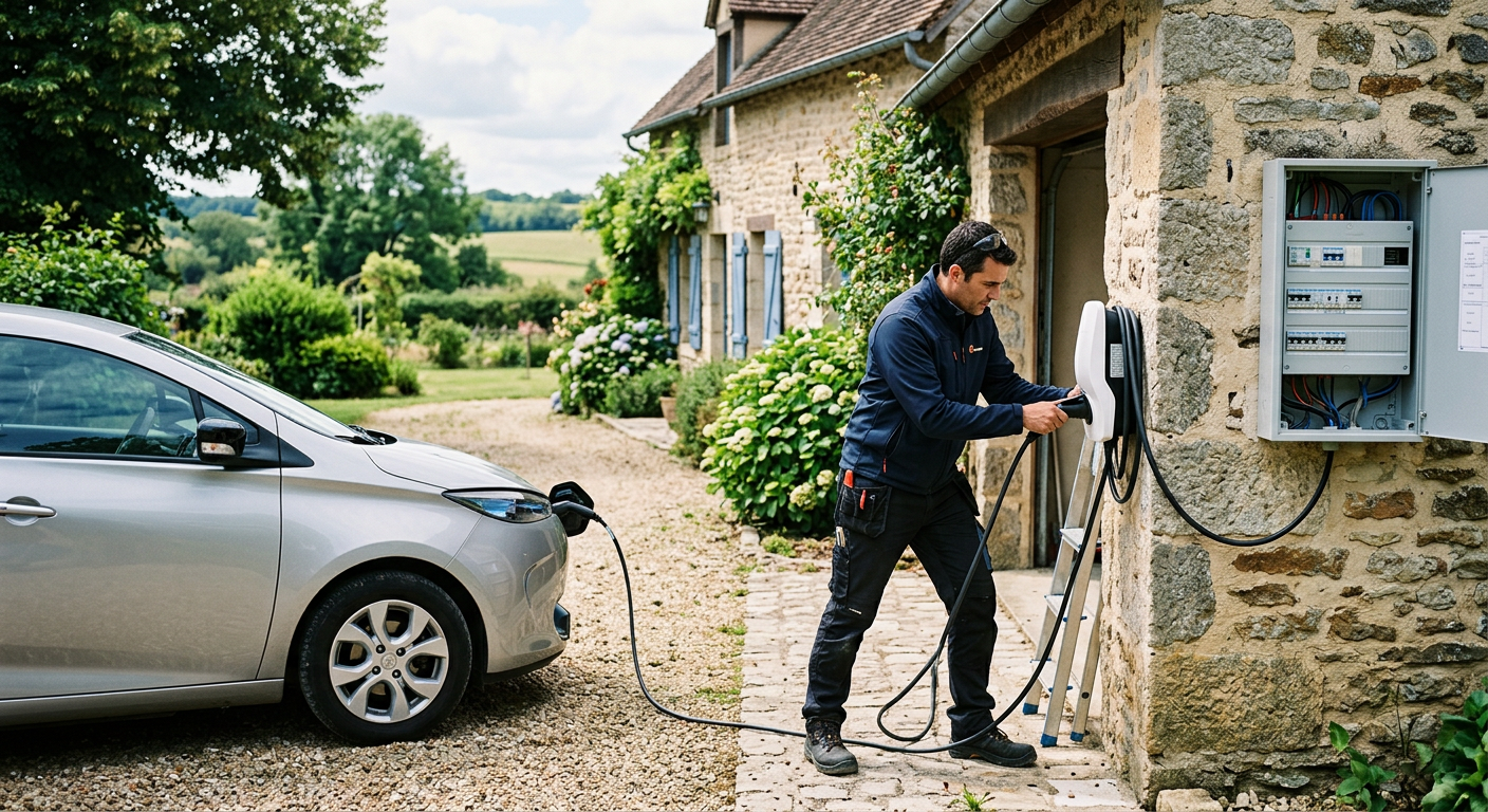 Installation d'une borne de recharge électrique IRVE en maison individuelle avec un installateur vérifiant le branchement.