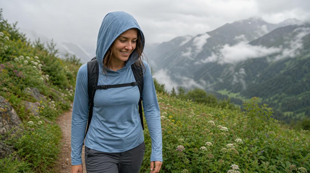 Hiker wearing a waterproof-breathable hard shell jacket