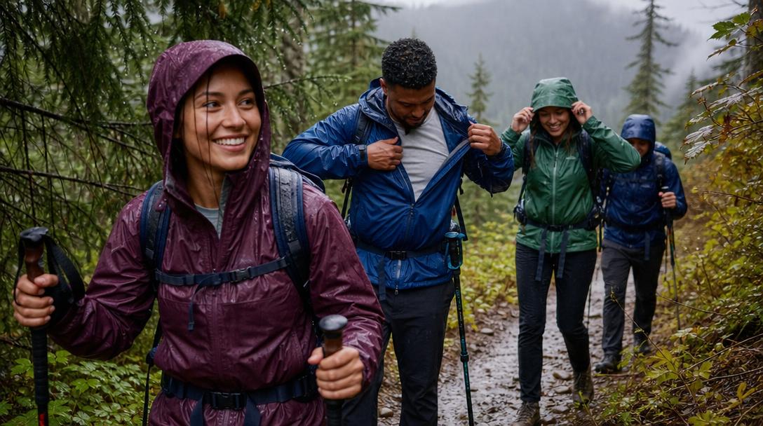 Layered hiking clothes set up for rainy conditions