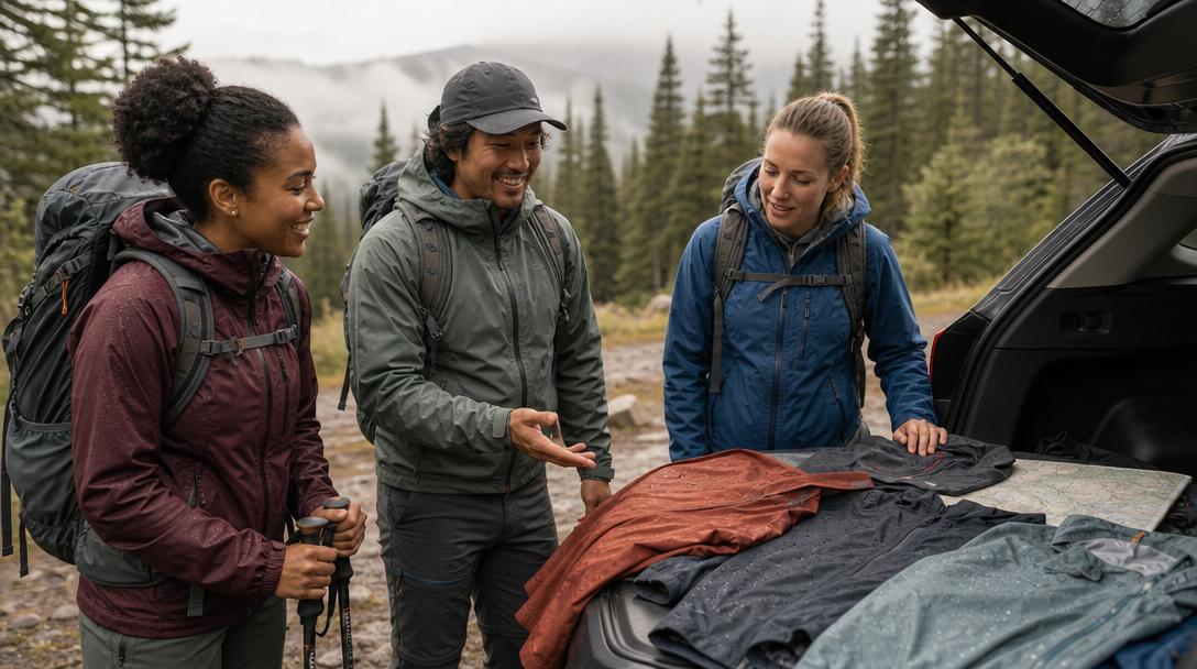Hiker wearing a synthetic sun hoodie in light rain