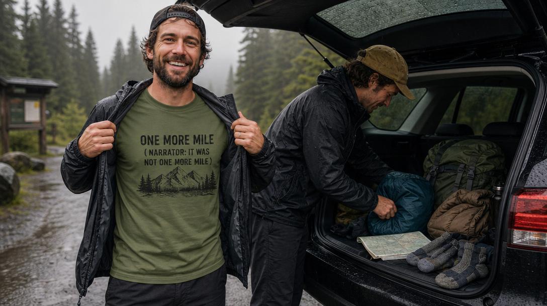 Various hiking shirts and layers laid out for testing under rain conditions