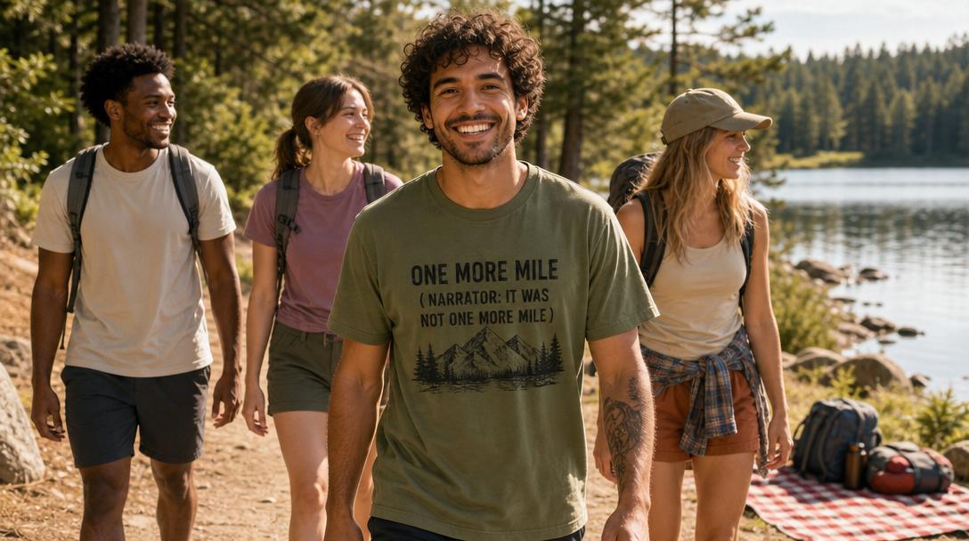 Person wearing a hiking shirt on a mountain trail