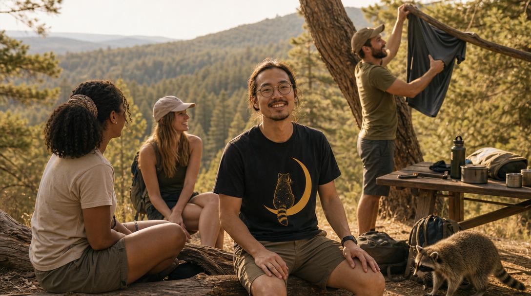 Regular t-shirt worn while hiking in a park