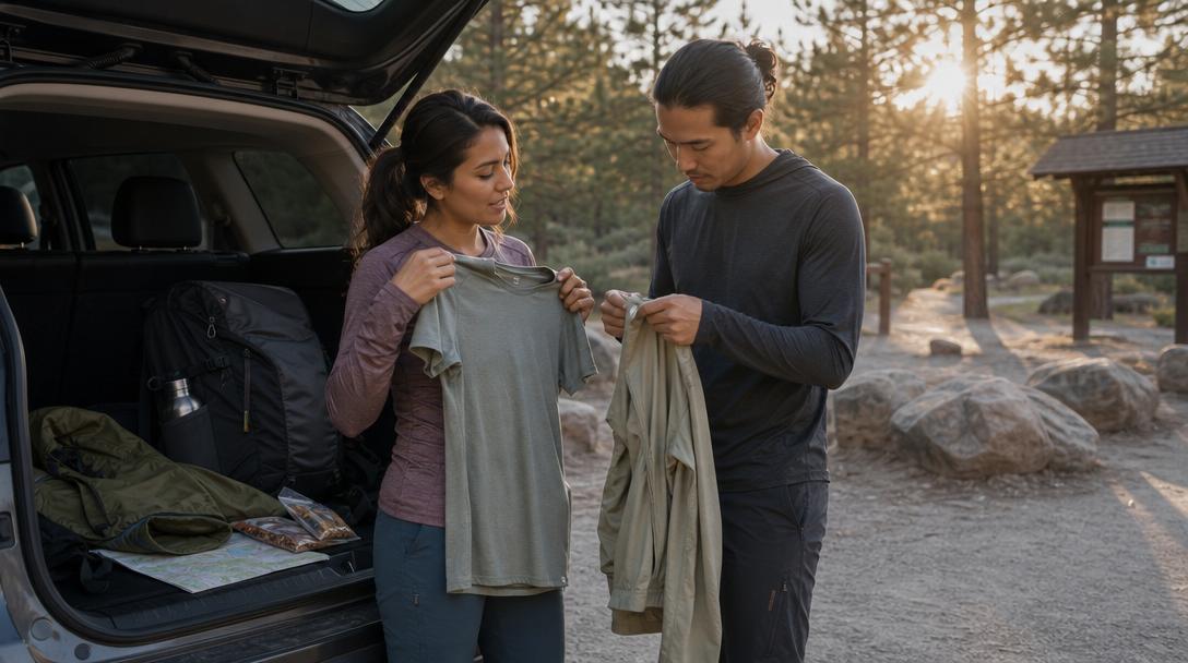 Layered hiking clothes including sun hoodie and fleece