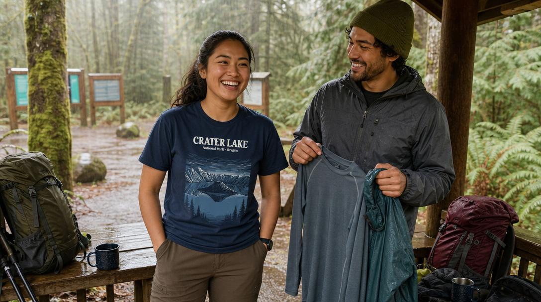 Hiker examining clothing layers in rainy Pacific Northwest forest