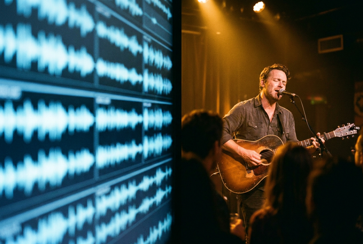 alt text for accessibility: A split screen showing a wall of identical, glowing synthetic music waveforms on one side, and a single musician performing passionately with a guitar under warm stage lights on the other side