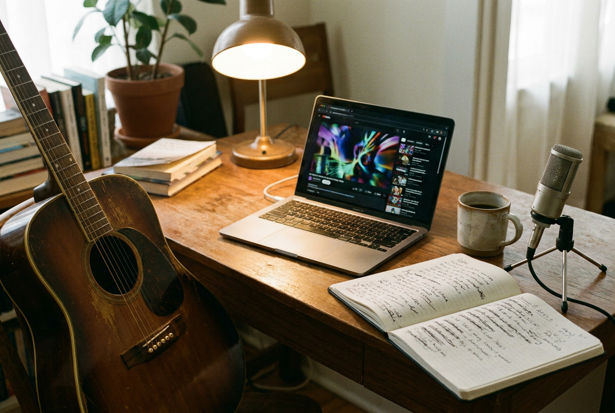 alt text for accessibility: A musician's creative workspace showing a laptop with AI video generation tools alongside a guitar, notebook with handwritten lyrics, and recording equipment