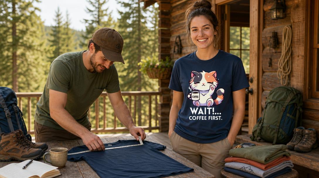 Person measuring themselves for hiking shirt fit