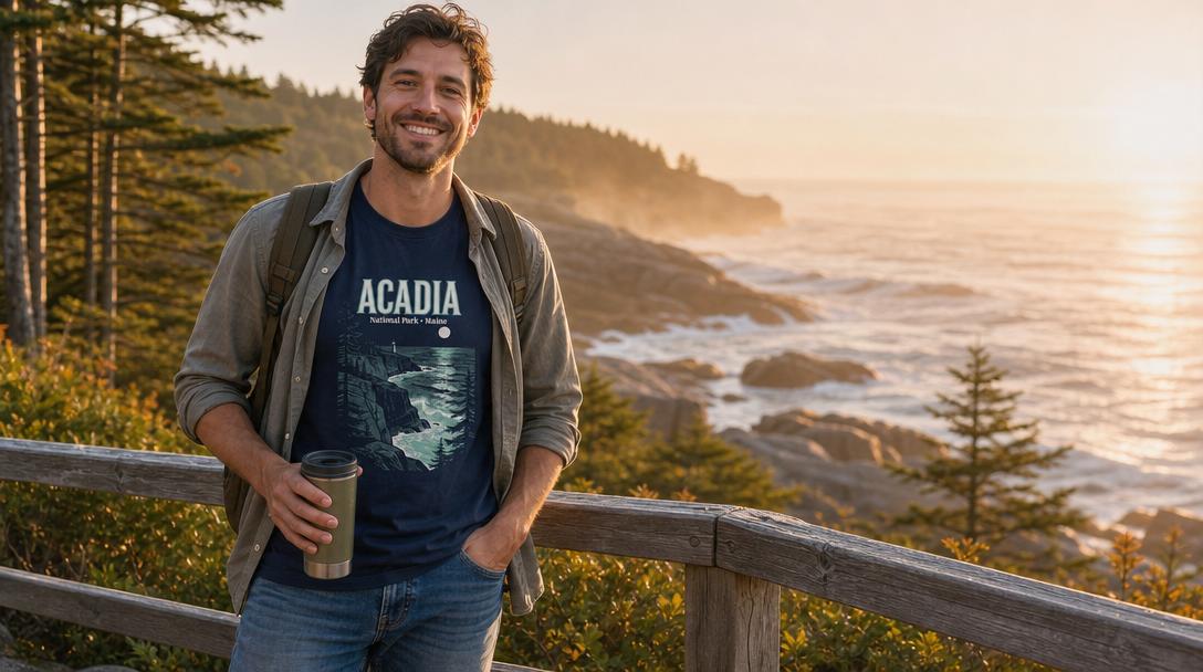 Person wearing a national park t-shirt overlooking a scenic vista