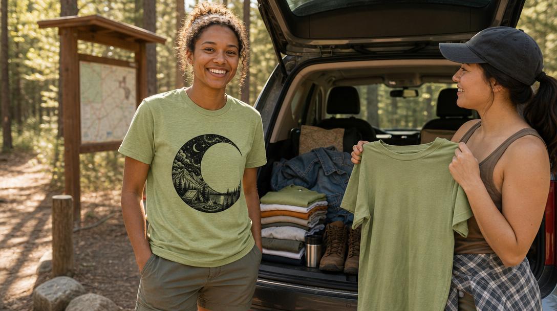 Person choosing from a variety of graphic t-shirts