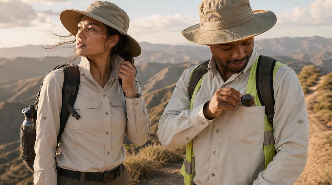 Traveler wearing UPF button-up hiking shirt in sunlit terrain
