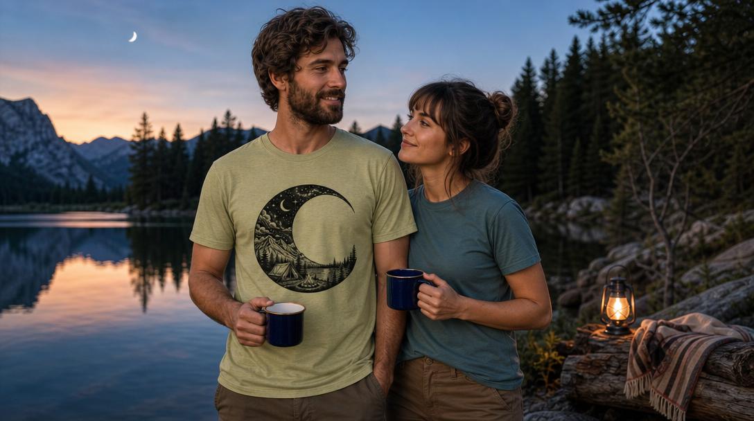 Couples wearing sweet matching camping shirts with nature motifs