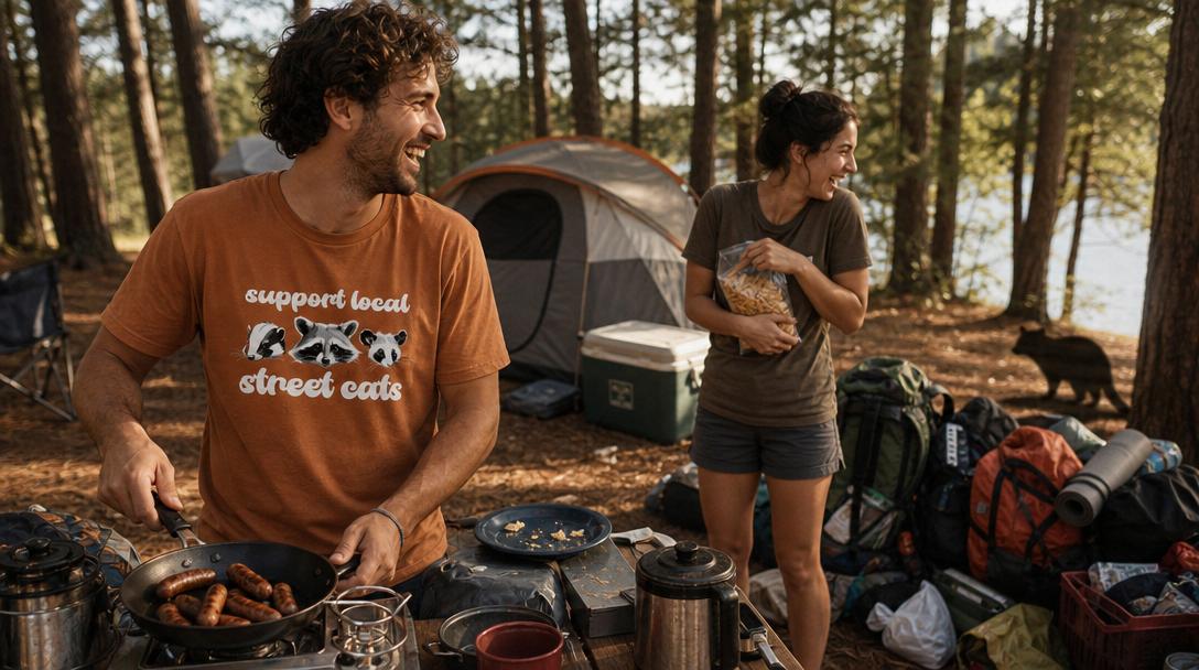 Couples wearing funny matching camping shirts