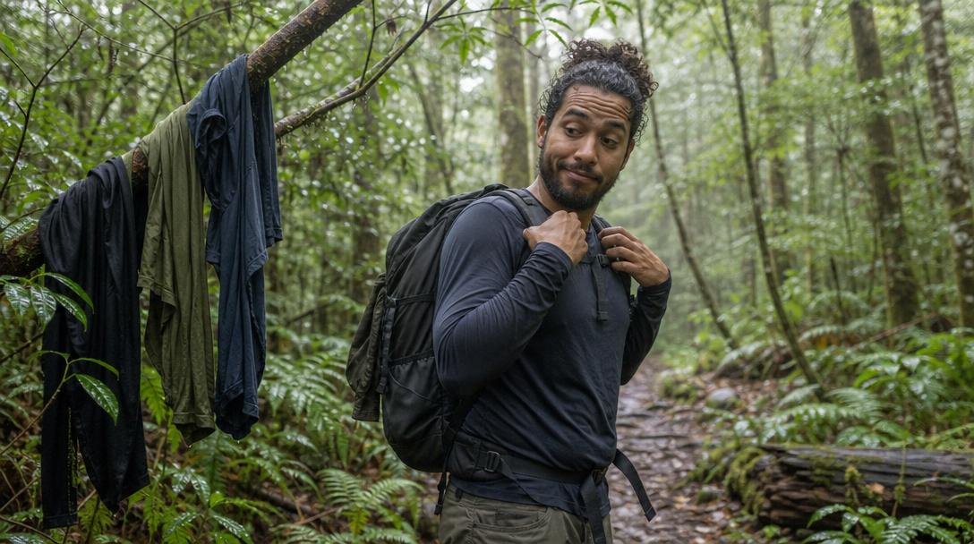 A damp hiking shirt drying on a branch in the humid forest