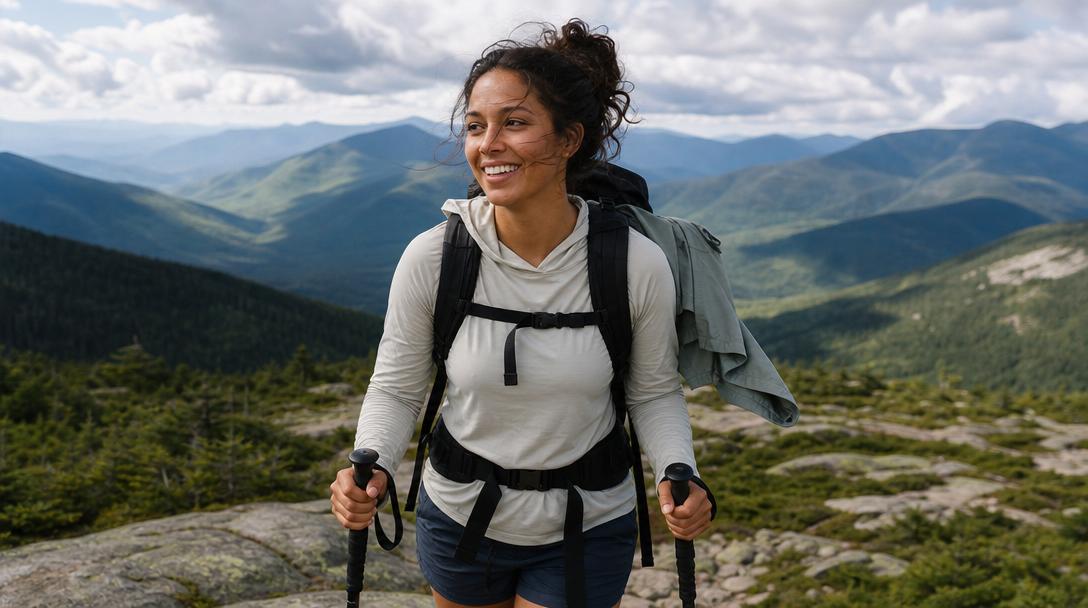 Hiker wearing shirt and sun hoodie in the White Mountains