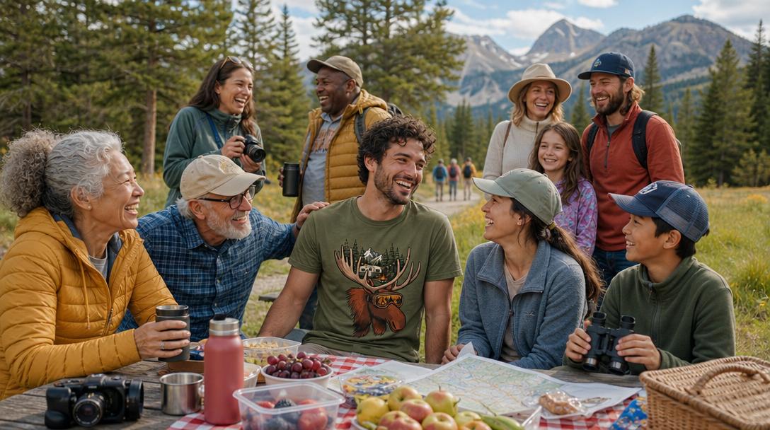Happy family wearing national park shirts outdoors
