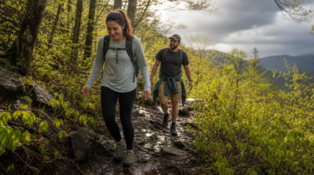 Fall hiking overlook with wind and hikers in long sleeves