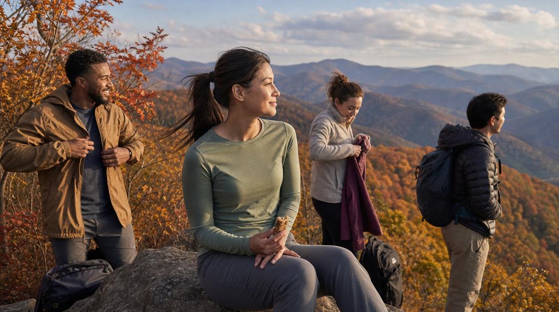 Winter hiking in base layers with long sleeves