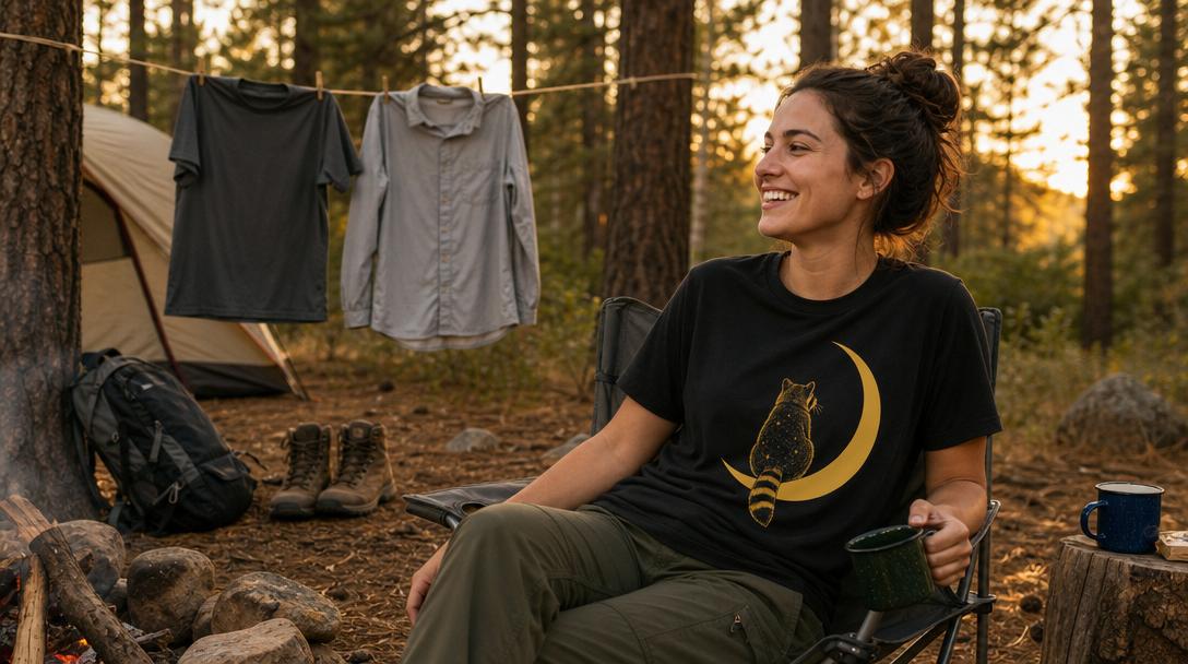 Vented hiking shirt on a trail with clear sky