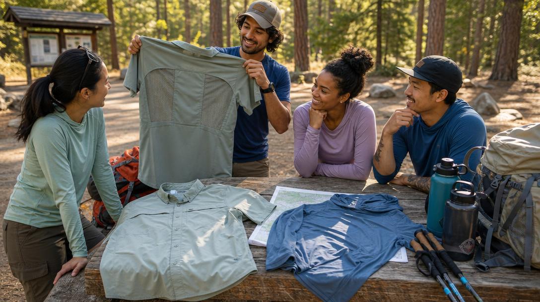 Hiker wearing breathable shirt in sunny mountain terrain