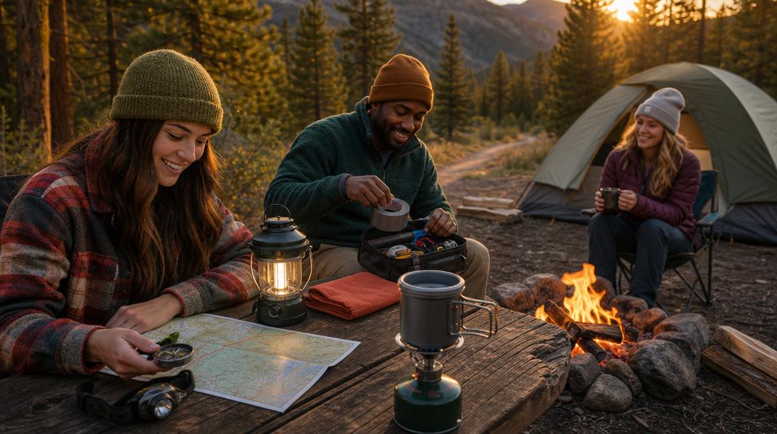 Camping gear repair kit and map navigation equipment