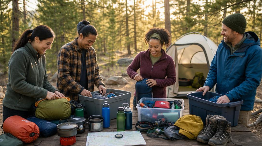 Camp kitchen cooking setup with stove and utensils
