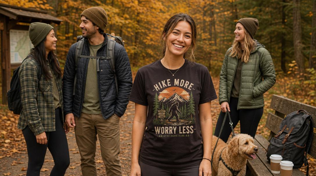 Casual hiker on a local trail wearing a basic shirt
