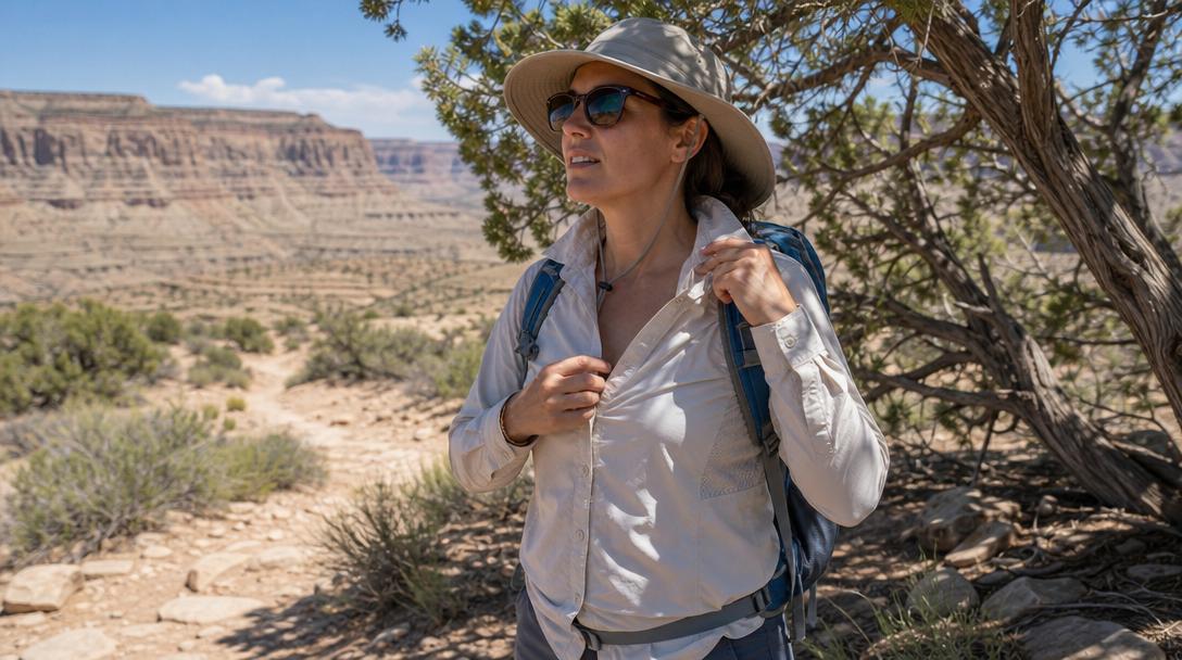 Hiking shirt with double-fold collar worn in sunny national park setting