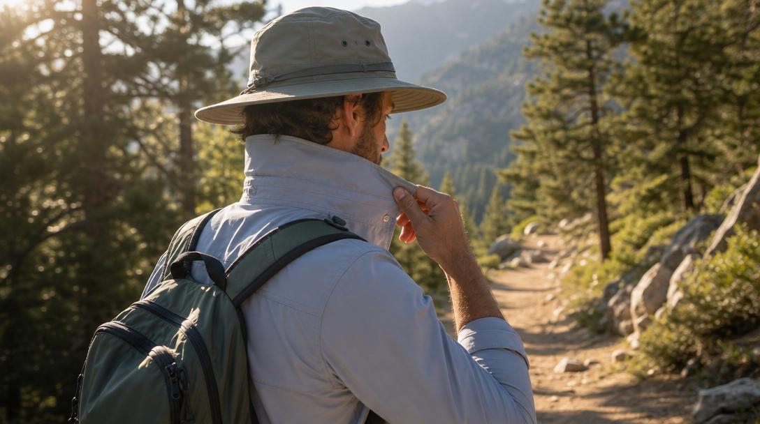 Hiker wearing a collared hiking shirt outdoors