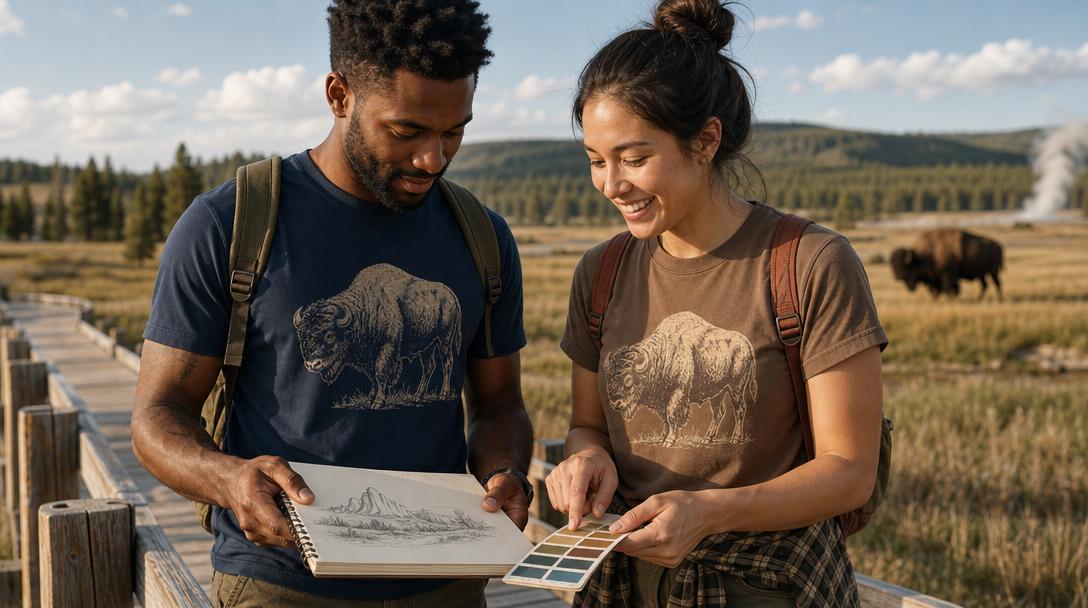 Artistic national park shirt design with iconic landmarks