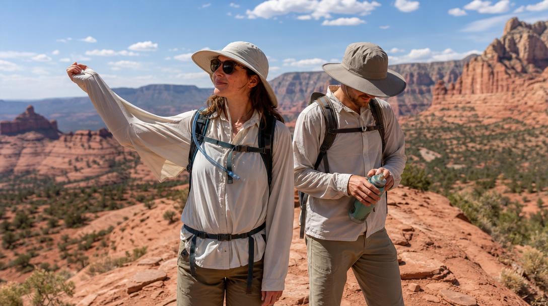 Arm covered by breathable long sleeve shirt in desert sun
