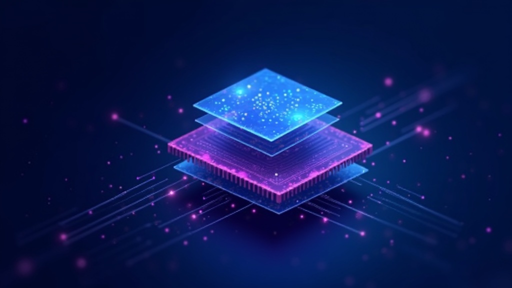 Abstract representation of layered memory structures using translucent geometric planes stacked with violet and cyan hig