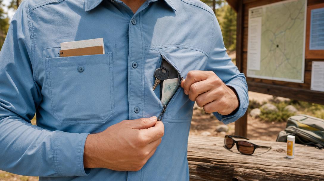 Examples of hiking shirts with and without pockets laid out