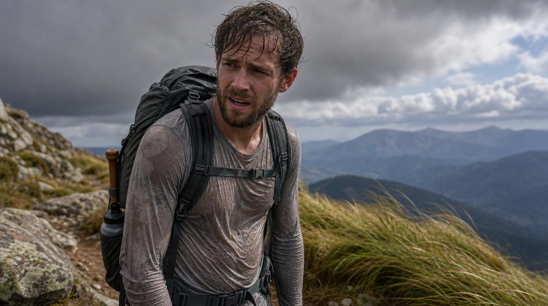 Wet cotton shirt clinging to skin in windy outdoor environment