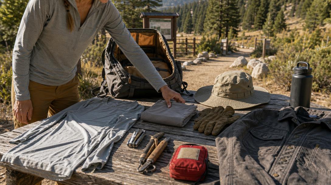 Outdoor worker wearing a synthetic hiking shirt in natural terrain