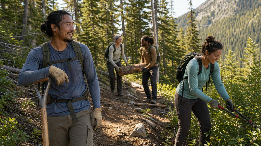 Person wearing synthetic hiking shirt on a ridge with cool and windy conditions
