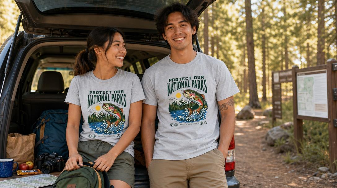 Person wearing National Park themed t-shirt outdoors