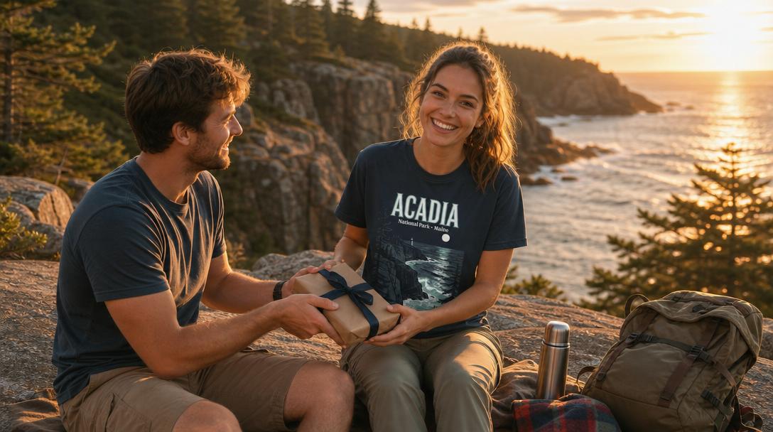 Person wearing National Park t-shirt looking at scenic outdoors