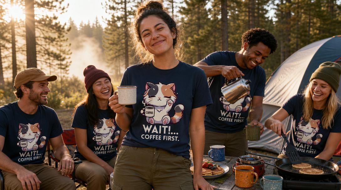 Campers enjoying comfortable graphic tees outdoors