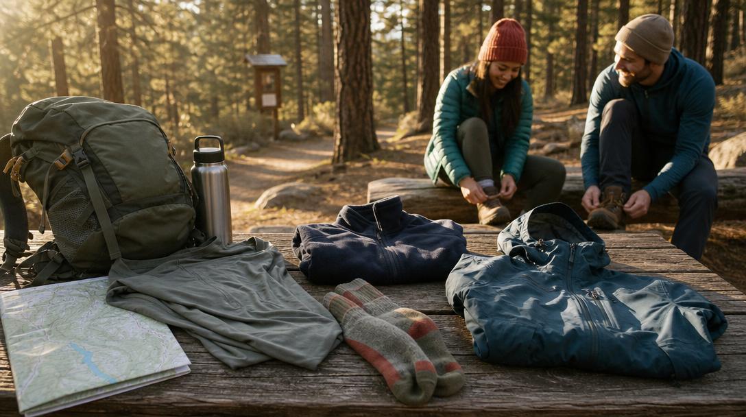 Various base layers under hiking shirts laid out