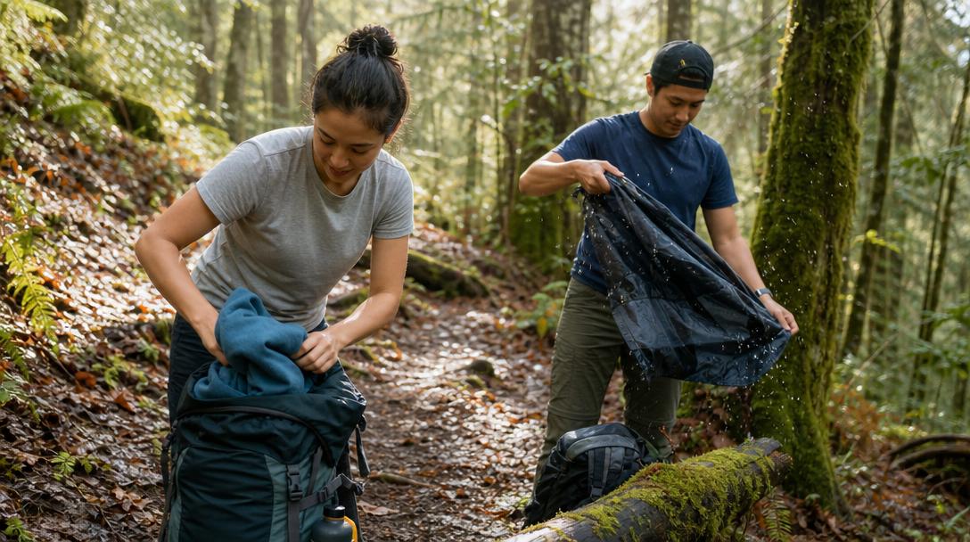 Hiker managing layers on the trail