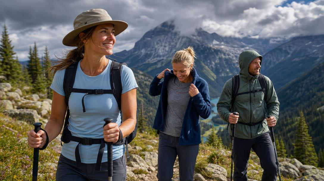 Examples of hiking layering systems for different weather conditions