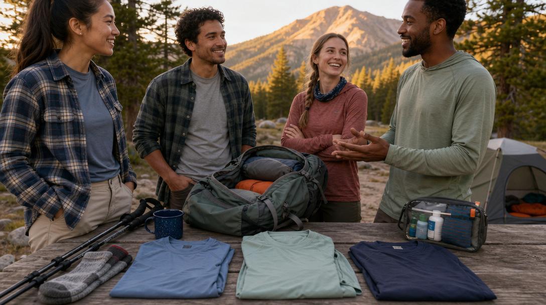 Packing hiking shirts with backpack and gear laid out