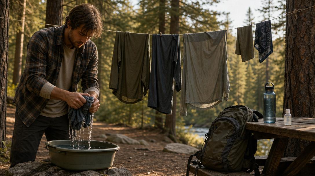 Backpacking shirt hanging to dry after washing
