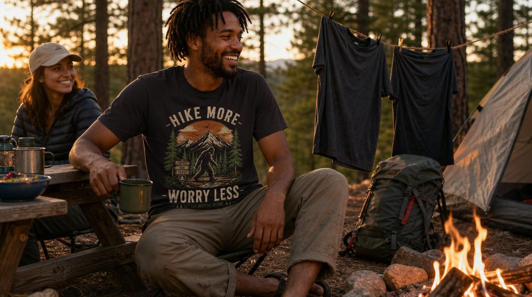 Hiker wearing layered shirts on a mountain trail