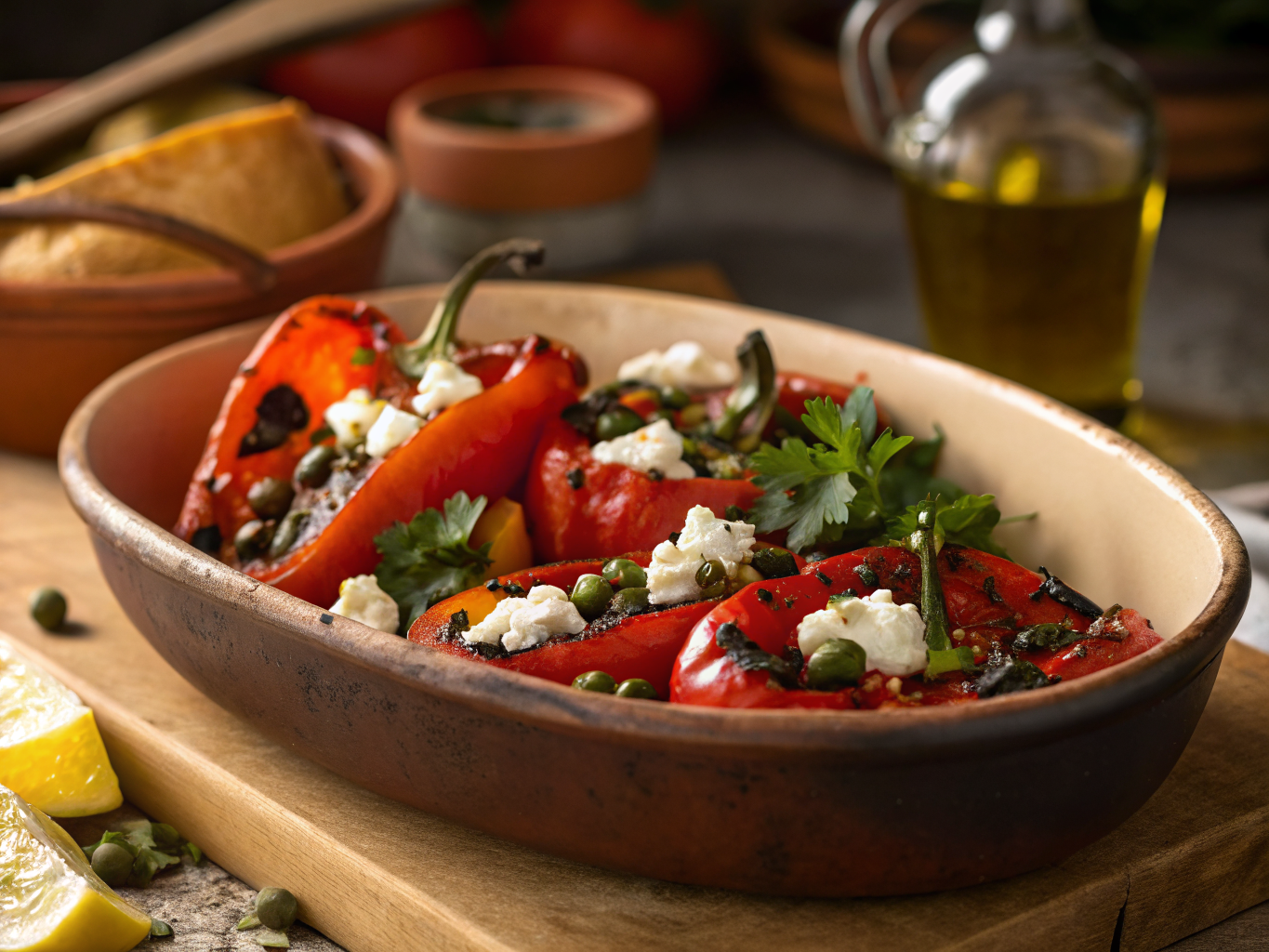 Tunisian Grilled Pepper Salad with Feta and Capers