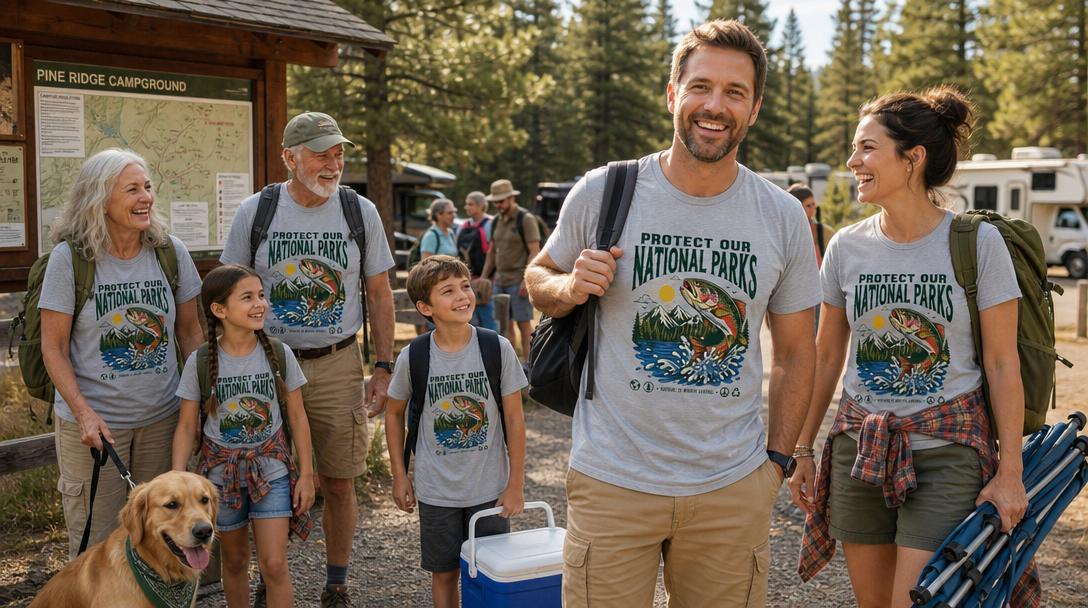 Family wearing matching camping shirts at a campground